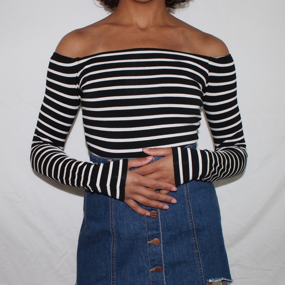 black and white striped off the shoulder shirt